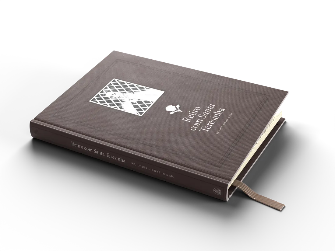 Livro Retiro com Santa Teresinha fechado, deitado, com fitilho de marcação