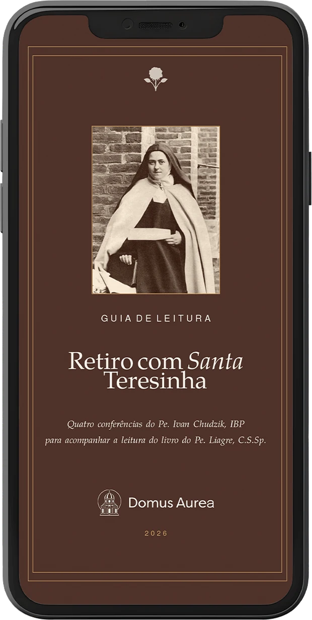 Capa do Guia de Leitura — Retiro com Santa Teresinha na tela de um celular, com a fotografia histórica da Santa