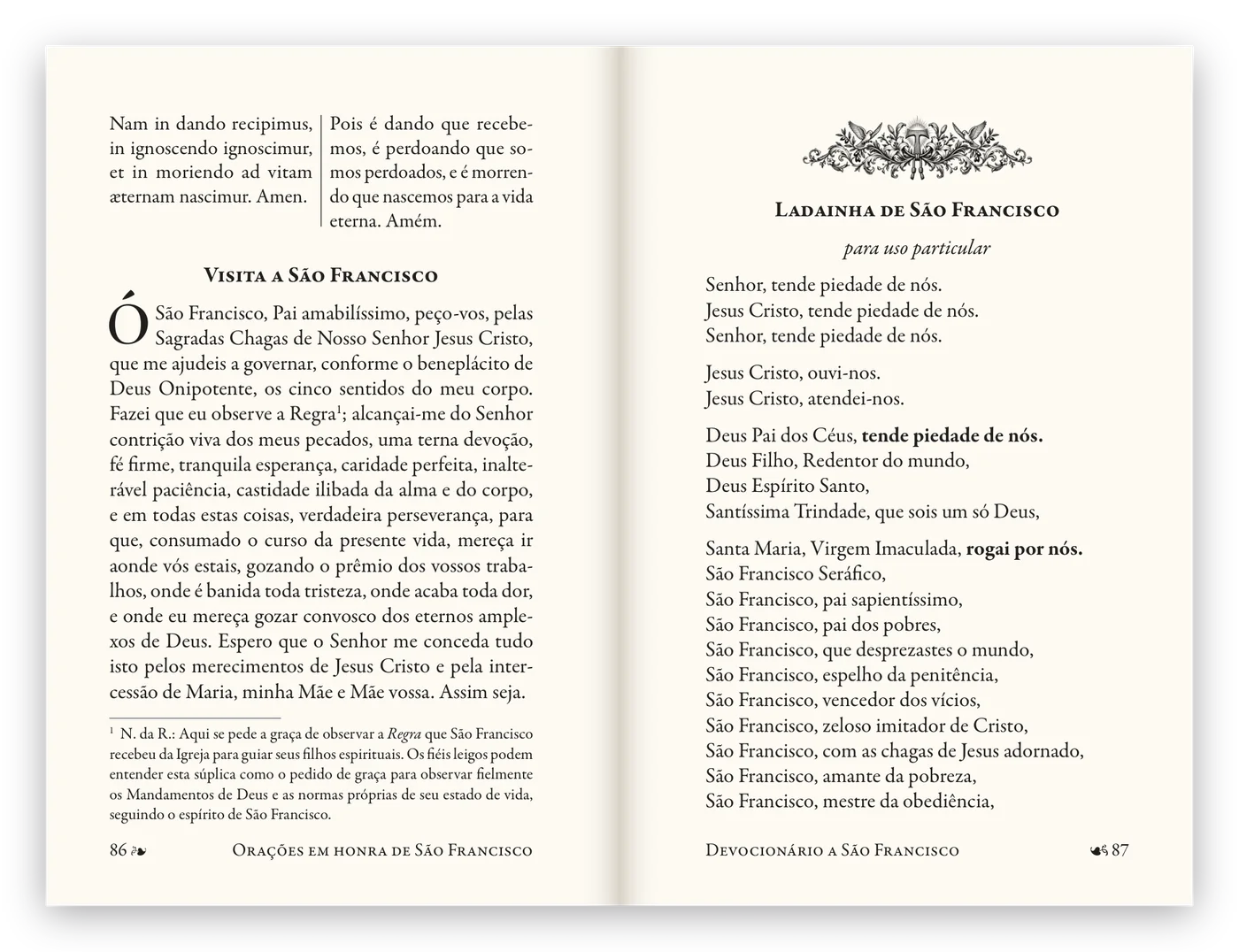 Páginas 86 e 87 do Devocionário a São Francisco: fim da Oração da Paz, Visita a São Francisco e início da Ladainha de São Francisco